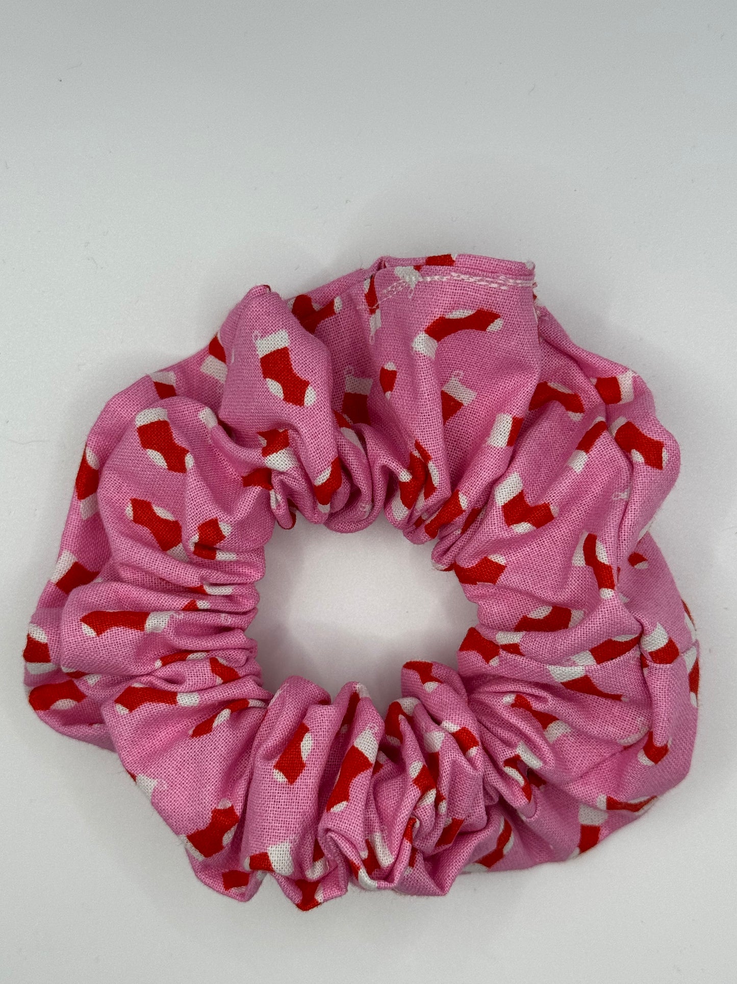 Small pink and red Christmas stocking scrunchie